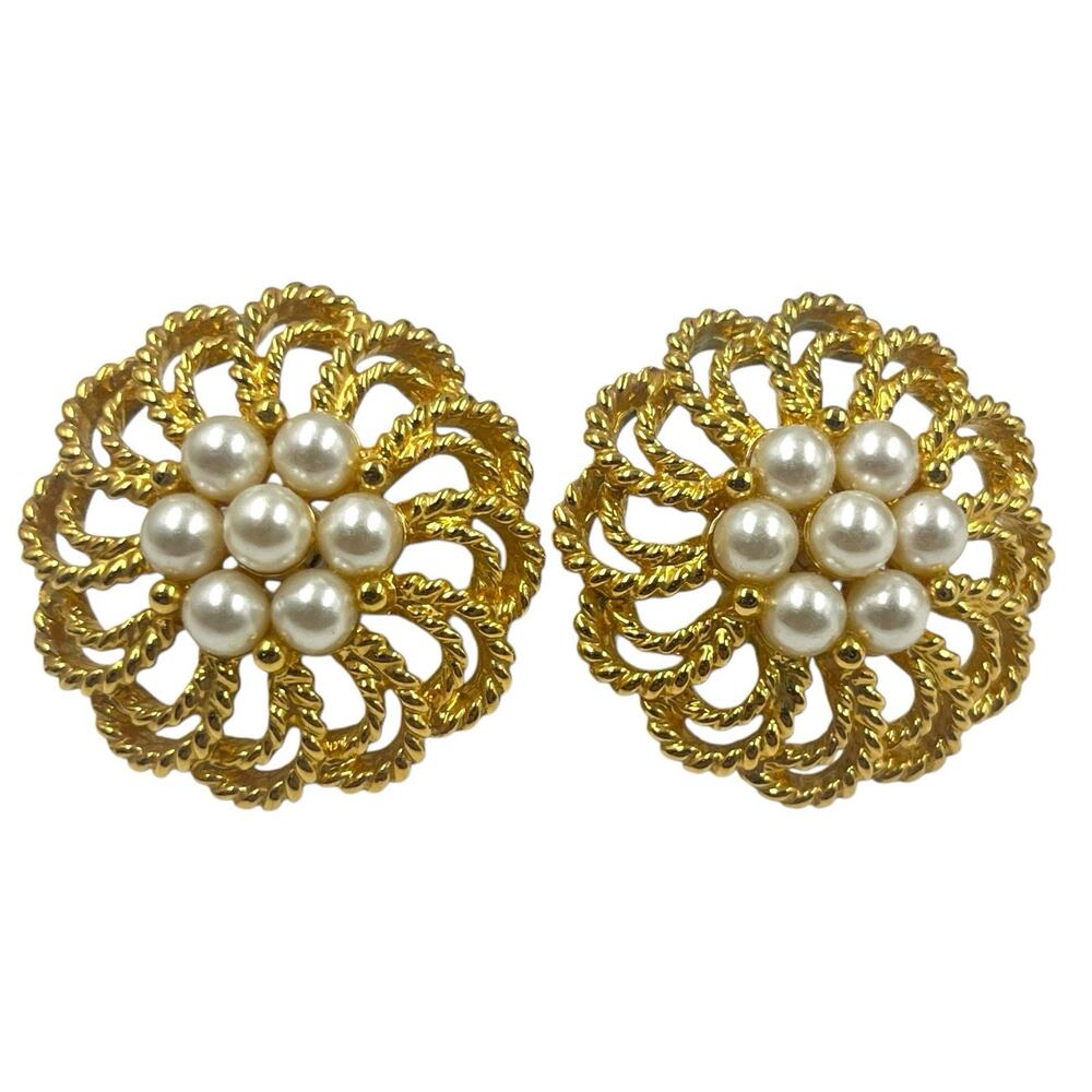 Napier Vtg Gold Filigree Faux Pearl Cluster Earrings 1980s Swirl Round Statement